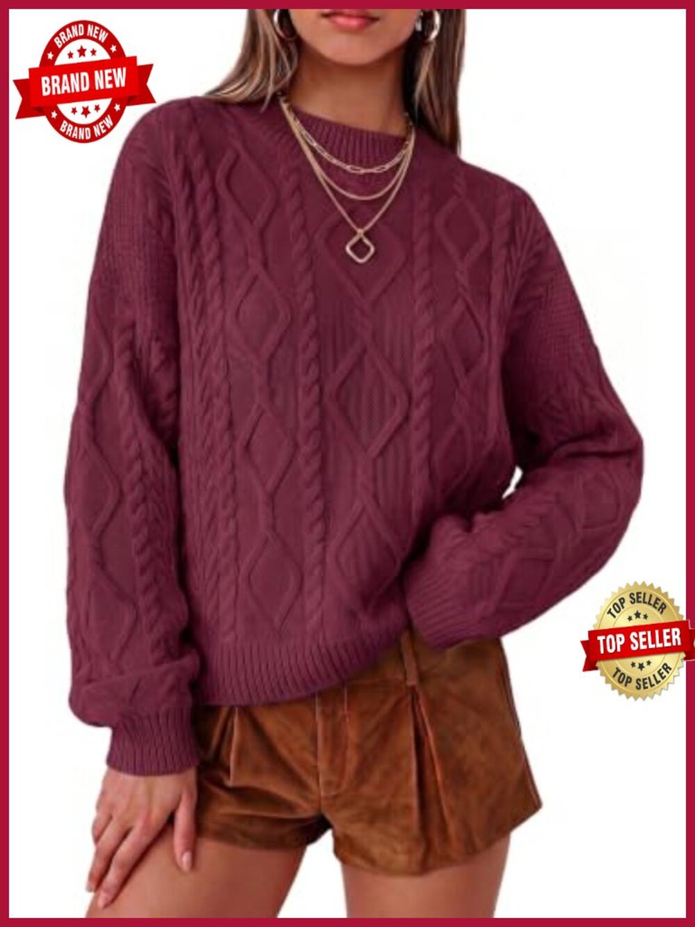 Oversized Cropped Cable Knit Crew Neck Pullover Sweater